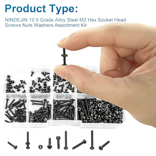 NINDEJIN M2 Button Head Socket Cap Bolts Screws, Metric M2 x 3/4/5/6/8/10/12/16/20mm Screws Bolts Nuts Assortment Kit, 452Pcs Allen Hex Drive, Black Oxide, 10.9 Carbon Steel, Fully Threaded - size: 452Pcs M2 3mm-20mm