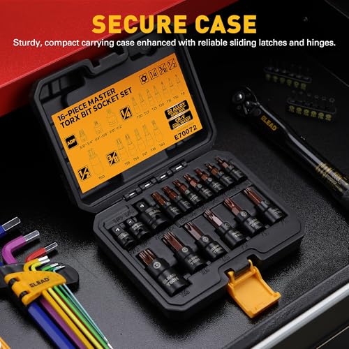 16-Piece Torx Bit Socket Set - Premium S2 Steel European Style T8-T60 with Socket Adapters, Star Bit Socket Set 1/4”, 3/8” and 1/2” Drive | Professional Mechanic Garage Tools - color: Torx Black