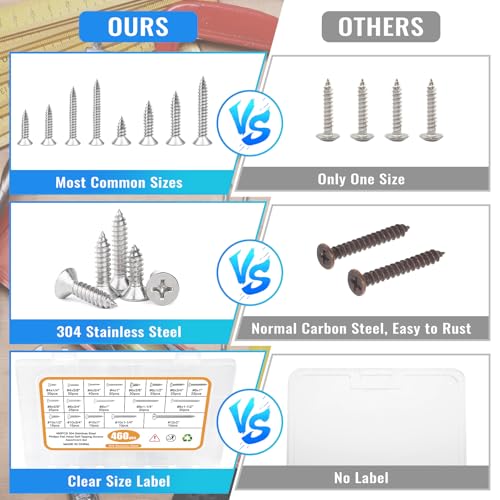 460PCS Stainless Steel Wood Screws Assortment Kit, 18 Sizes #4#6#8#10#12 Flat Head Sheet Metal Screws Self Tapping Screws Set for Wood Deck Drywall Concrete Screws, Length 1/4" to 2" - style: Silver Flat Head 460PCS