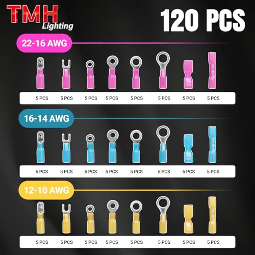 TMH 120 Pcs Crimping Tool for Heat Shrink Connectors Marine Grade Heat Shrink Wire Connectors, Waterproof Butt Connector AWG 22-10 Electrical Ring Fork Spade Splice - size: 120