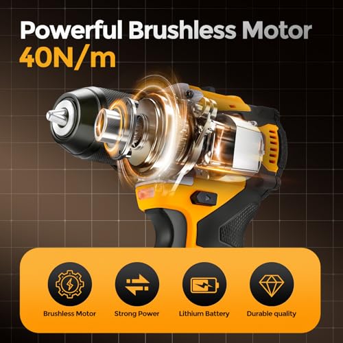 Brushless Motor Tool Kit Set: Yellow 21V Cordless Drill, Power Drill Tool Box,3/8" Keyless Chuck, 2 Variable Speeds, with Battery and Charger Included