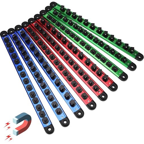 Magnetic Socket Holder Organizer Set: 9-Piece Detachable 1/4, 3/8, 1/2 Socket Trays Socket Organizer for Tool Box Drawer Holds 120-Piece Standard Size Sockets for Automotive Garage(Blue Red Green) - style: 9-Piece Alum. Rails (Holds 120)