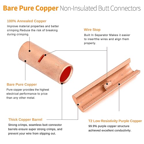 SVAAR Butt Connectors Kit 132PCS 4/6/8/12-10 Gauge Crimp Butt Splice Wire Connectors Non Insulated Butt Splice Connectors Bare Pure Copper 66 PCS Uninsulated Butt Terminals & 66 PCS 3:1 Heat Shrink - color: Non-Insulated Splice - Bare Copper