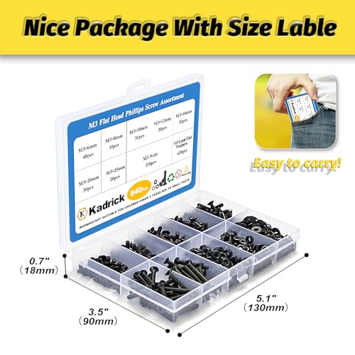 KADRICK 840Pcs M3 Countersunk Screws,M3 Flat Head Screws Length of 6MM-25MM - size: M3 840Pcs 6-25mm