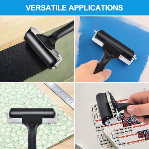 Wlivxch 2Pcs Hard Rubber Brayer Rollers (4 Inch and 2.2 Inch) for Printmaking, Ink Printing, Gluing Application, Stamping, Boat Flooring and Wallpaper Installation - Black Tool