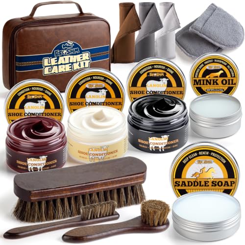 Shoe Shine Kit, Complete Leather Care Set with Black & Brown Shoe Polish, Saddle Soap & Mink Oil, Horsehair Brushes, Shoe Shine Box, Boot Leather Cleaning & Conditioning Kit for Men, Gift for Dad