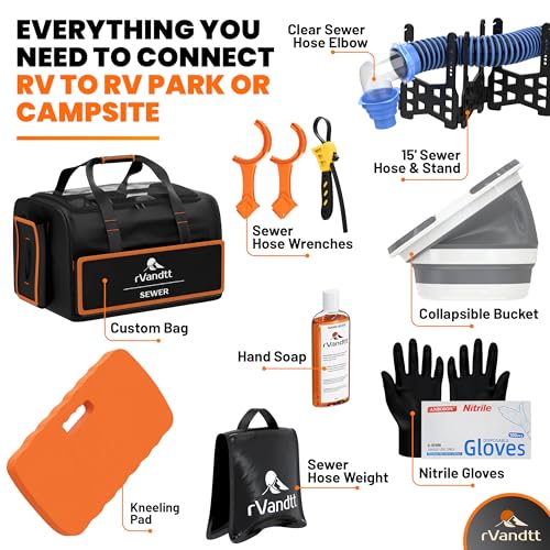 RV Sewer Accessories Kit - 15ft Sewer Hose w/4in1 Adapter, Stand, Collapsible Bucket, Nitrile Gloves, Hand Cleaner, Wrenches, Kneeling Pad, Hose Weight, and Custom Bag