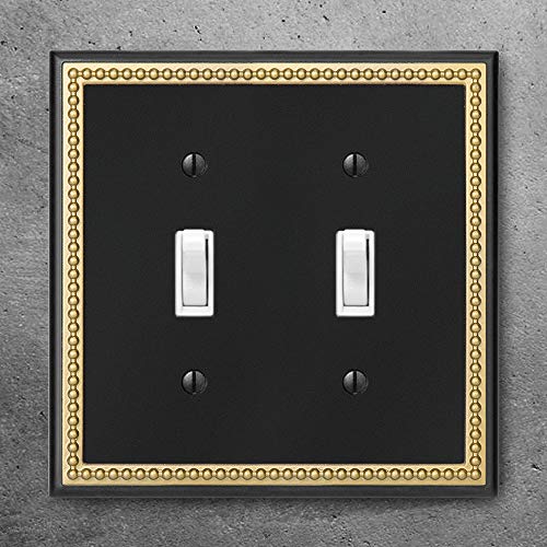 Pearled Frame Decorative Wall Plate Switch Plate Outlet Cover (Double Toggle, Black & Dark Golden) - style: Double Toggle