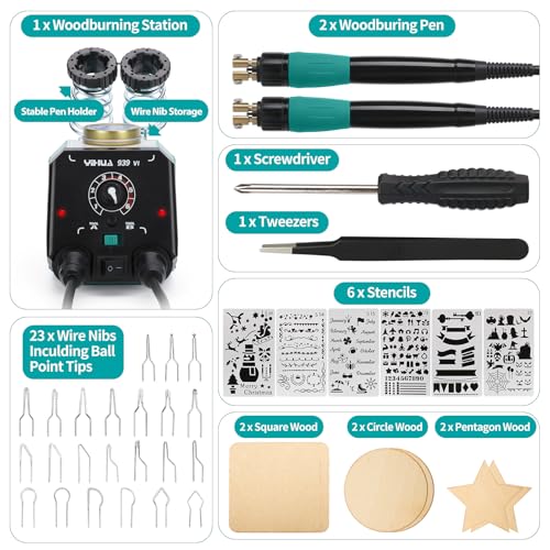 YIHUA 939-VI Dual Wood Burning Pen Wood Burning Kit with 23 Wire Nib in Varied Shapes, Detachable Pyrography Pen, 6 Wood Pieces, 6 Stencils and Screw Driver, Tweezers Used as Wood Burning Tool
