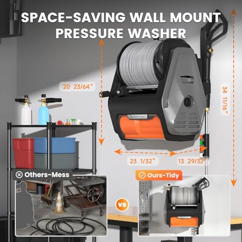Giraffe Tools Grandfalls Retractable Wall Mounted Pressure Washer Pro, 3700 PSI, 1.6 GPM Electric Power Washer, Automatic Rewind, 5ft Garden Hoses, 5 Nozzles for Cars/Fences/Patios, Dark Silver - color: Dark Silver, size: 5ft