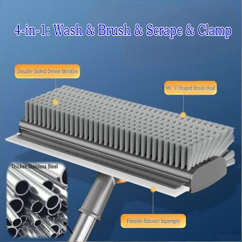 Floor Scrub Brush with Squeegee Long Handle 3 in 1 tub Brush 52'' 2026 Upgraded Multi-Functional Stiff Bristle Cleaning Scrub Brush Rotating Tile Brush for Cleaning Bathroom Patio, Pool, Garage - color: Gray Orange