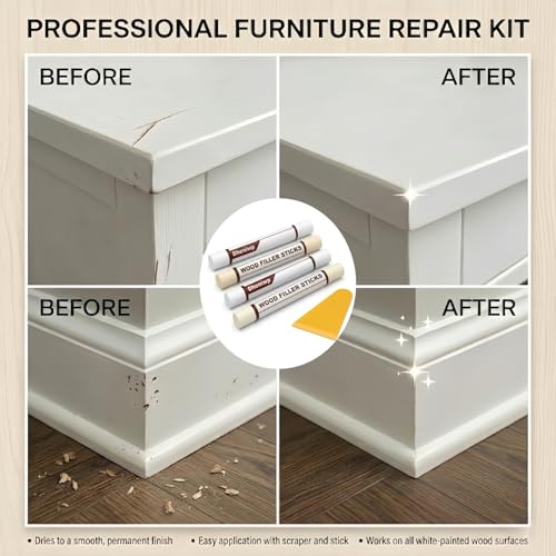 4-Color White Wood Repair Wax Sticks: Pure/Milk/Ivory/Warm White - Fix Furniture Scratches, Baseboard Nail Holes, Cabinets, Trim & Doors | Wood Filler Putty Kit