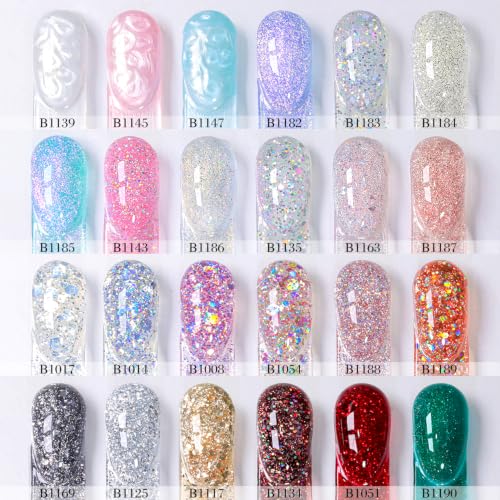 Double Rhythm 28Pcs 0.5Oz Glitter Gel Nail Polish Set Same Color Same Bottle Kit Nail Art Manicure Salon DIY at Home (Sparkle Pearl Shimmer Collection-T24-9) - color: Pearl Glitter Rose Gold