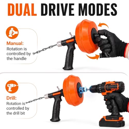 Drain Snake 50-Foot, Manual or Drill Powered Drain Auger