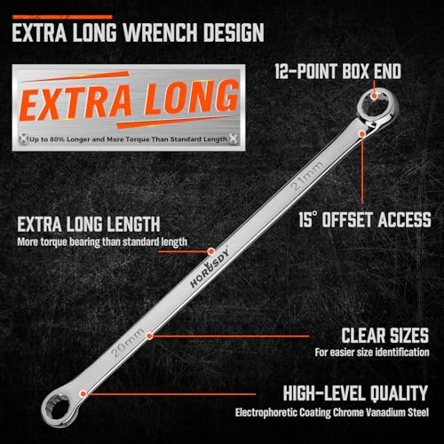 HORUSDY 8-Piece Extra Long Double Box-End Wrench Set, 12-Point Metric 8–24 mm, CR-V Steel, 15° Offset, Off-Corner Loading, with EVA Foam Organizer - style: 8pcs Metric Extra Long Wrench Set