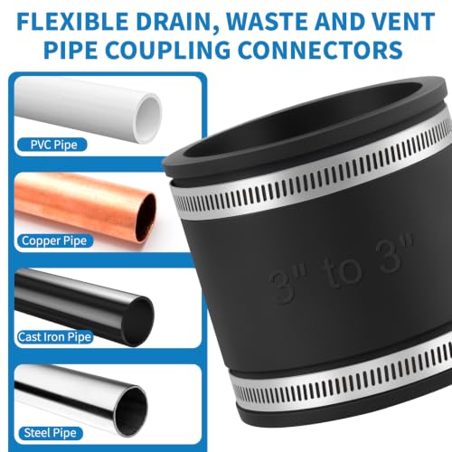 Flexible PVC Pipe Coupling with Stainless Steel Clamps Fit 1 IN Nominal Pipes, Couplers for Plastic and Copper Pipe Plumbing Connections, Drain Repair, Dust Hose (2, 3 in) - size: 3 in