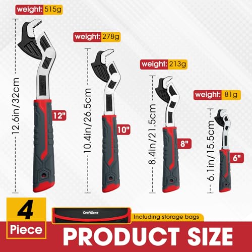 Self Adjusting Pipe Wrench, 6”8”10”12” Self Locking Wrench Set with Forged Double Threaded Jaws for Pipes Nuts Bolts and Plumbing Repair