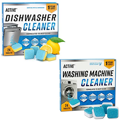 ACTIVE Washing Machine And Dishwasher Cleaning Tablets Bundle - Includes 12 Month Supply Dishwasher Cleaner Deodorizer & Washing Machine Descaler Deep Cleaning Tablets - 48 Tablet Set - style: 24 Washing Machine + 24 Dishwasher Tablets