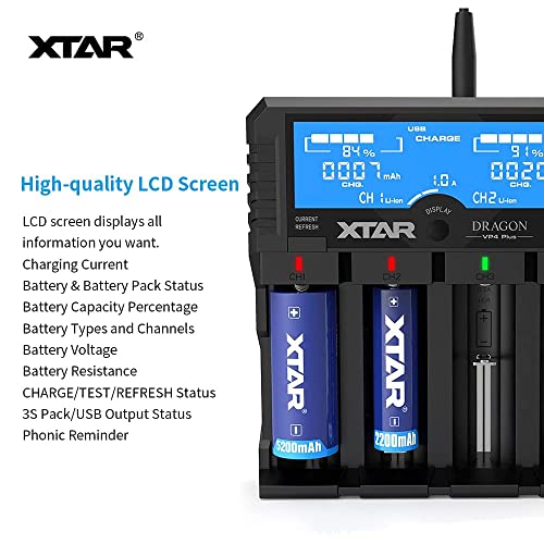 XTAR Dragon VP4L Plus Professional 18650 Capacity Tester Universal 18650 Charger for Rechargeable Batteries Li-ion 21700 26650 14500 16340 Ni-MH AA AAA D with USB Output and Battery Repair Function