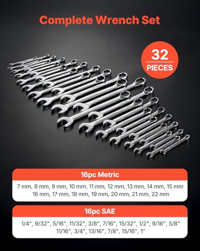 VEVOR Combination Wrench Set, 32-Piece SAE and Metric, 12-Point Box End and 15° Angled Open End Combination Wrenches with Roll Up Pouch, Carbon Steel, for General Household and Automotive Repairs - size: 32PCS (Metric&SAE), style: Regular