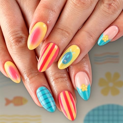 Summer Press On Nails Medium Almond Yellow Pink with Small Fish Flower - color: Style11