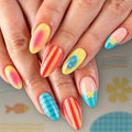 Summer Press On Nails Medium Almond Yellow Pink with Small Fish Flower - color: Style11