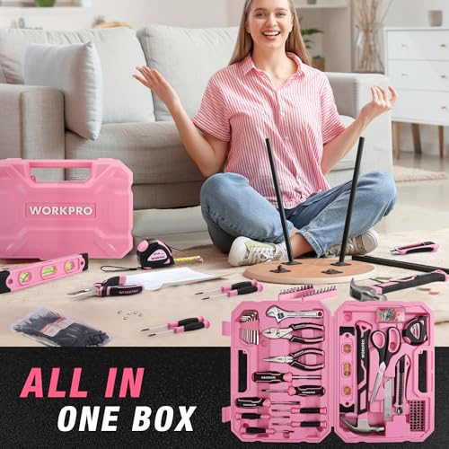 WORKPRO 258PCS Pink Tool Set, Portable Home Basic Tool Kit Box for Women