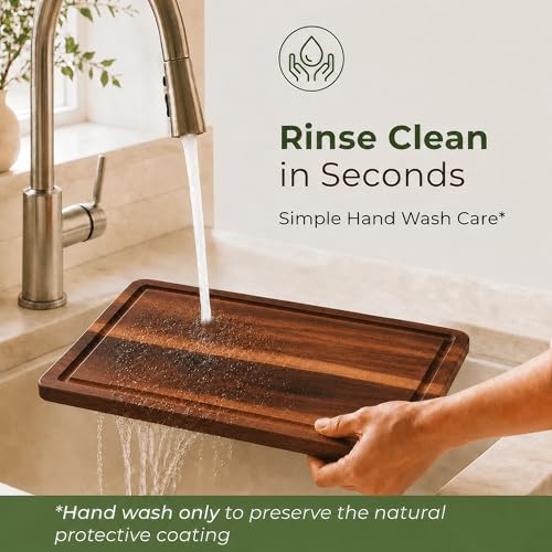 Acacia Wood Cutting Board Set of 3 with Holder, Juice Grooves & Handles