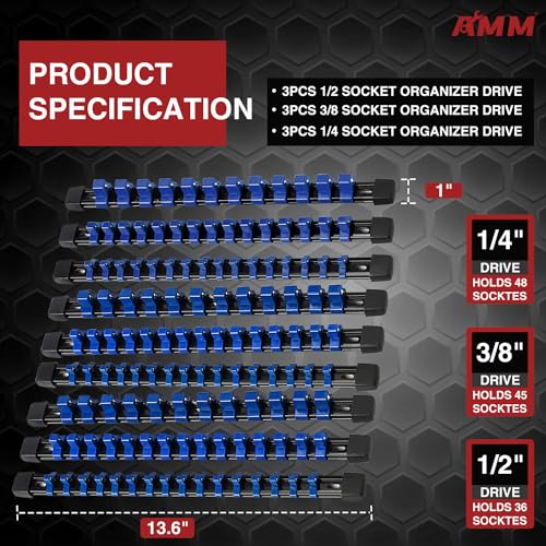 AMM 9-Piece Socket Organizer, 1/2 inch, 3/8 inch and 1/4 inch Drive ABS Tools-Blue Socket Holder,Heavy Duty Socket Racks, Premium Quality Socket Clip Rail Holder,The best tool trays in the garage - color: Blue, size: 9PC
