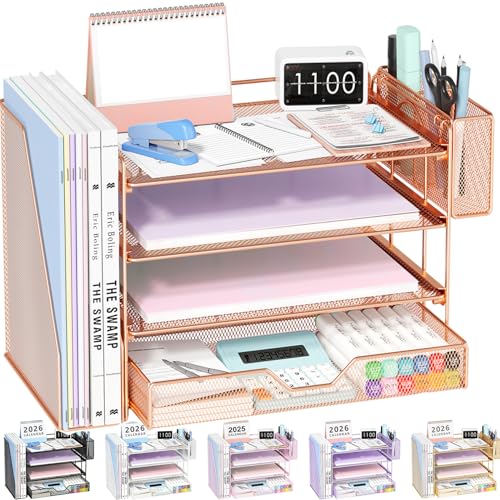 OPNICE Desk Organizers and Accessories, 4-Tier Desktop File Organizer with Drawer and Pen Holders, Office Desk Accessories Workspace Organizers for Office Supplies (Rose Gold) - color: Rose Gold, size: 4T