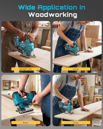 SEESII Brushless Jig Saw, Cordless Jigsaw Tool 2×4.0Ah Batteries - color: Light Blue