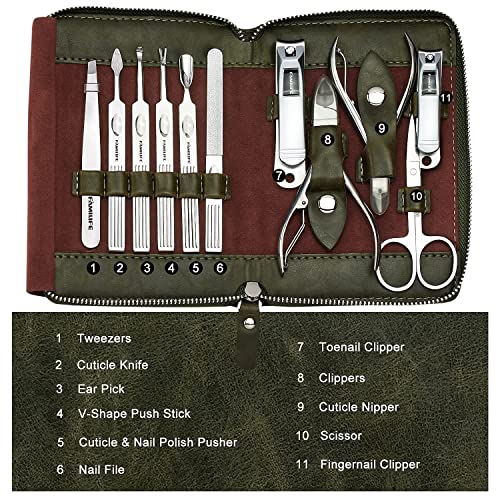 FAMILIFE Stainless Steel Manicure Set 11-in-1 Professional Nail Clipper Kit | Portable Leather Travel Case, Pedicure & Grooming Tools for Fingernails & Toenails, Luxury Gifts Set for Men & Women, Green - color: Dark Green