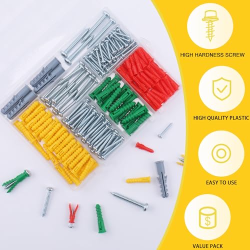 JEGONFRI 208PCS Drywall Anchors & Screws Kit, 4 Sizes, Wall Anchors