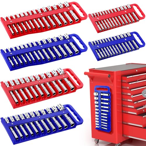 6 Pcs Magnetic Socket Organizer Holder Case Rail Rack for 1/2'', 3/8 '', 1/4'' Drive, Securely Holds 152 Sockets(Red,Blue) - color: Red,blue