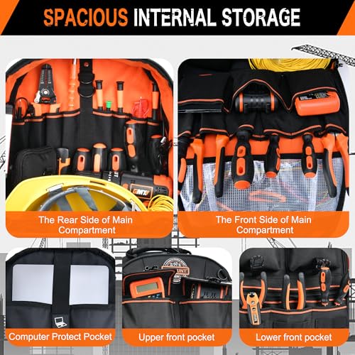 Tool Backpack with 2 Small Tool Bags – LOKASS Heavy Duty Backpack Tool Bag with Molded Base,1680D Tool Organizer with Laptop Compartment & Combination Lock, Water-Resistant Electrician & HVAC Tool Bag - color: Dark Black