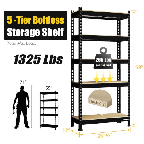 PrimeZone 5-Tier Garage Storage Shelves, Adjustable Metal Shelving, Black - size: 28"W x 12"D x 59"H