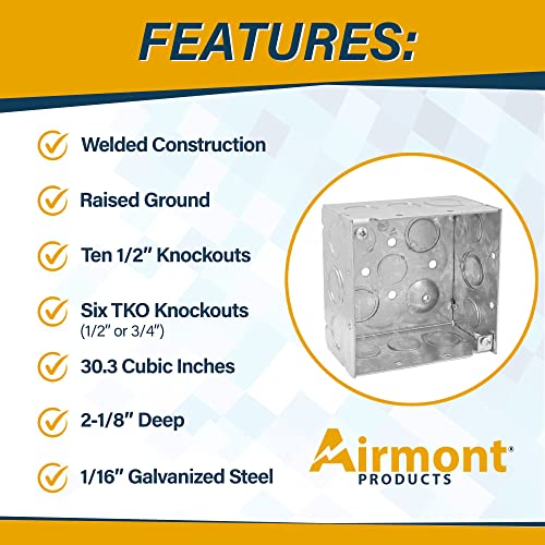 Pack of Box and Cover 4'' Square Electrical Box, 2-Gang Toggle Switch Exposed Work Cover, Crushed Corners, Welded Construction, Ten 1/2'' and Six TKO Knockouts, Raised Ground, 2-1/8'' - size: 2-Gang Toggle