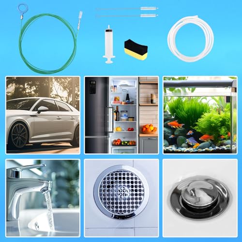 Car Sunroof Drain Cleaning Tool, Extra Long Flexible Wire Cleaner Unclogger with Straight Brush Syringe Leather Hose & Sponge for Auto Sun Roof Cover Windshield AC Line Pipe Detailing