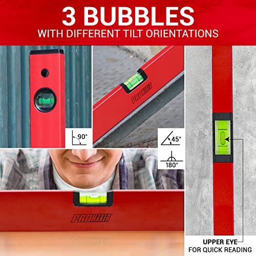 PROMAKER 18 inch Level, Magnetic Level with 180° 90° 45° bubbles, Shock Resistant, Aluminum Body, Level Tool with Overhead Viewing for Comfortable read PRO-NV030 - size: 18 inch