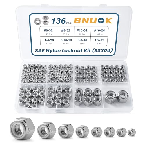 136PCS SAE Lock Nuts Assortment Kit 6-32 8-32 10-32 10-24 1/4-20 5/16-18 3/8-16 1/2-13, 304 Stainless Steel Nylon Insert Locknuts Set - size: #6#8#10 1/4 5/16 3/8 1/2