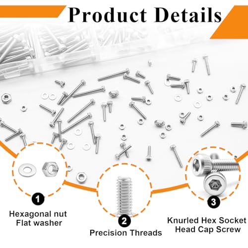 304 Stainless Steel 1050PCS M1.4 M1.6 M2 M2.5 Knurl Socket Head Cap Screws Hardware Kit Hex Socket Head Cap Bolts, Nuts & Washers Assorted Set for DIY, 3D Printer - size: 1050pcs