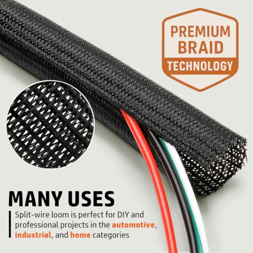 MGI SpeedWare Braided Split-Sleeve Wire Loom for High-Temperature Automotive Harness and Home Cable Management 10 feet (1") - color: Black, size: 1" - 10ft