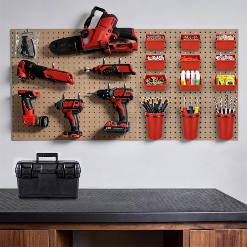 Pegboard Bins Cups with Hooks & Loops 12 Pack Peg Board Organizer (Red) - color: Red