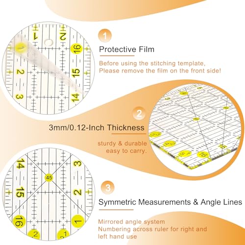 Quilting Ruler, Sewing Ruler, 8 Pack, Acrylic Quilting Templates(6"x17", 3"x17", 2"x16", 1.5"x12", 1"x12", 1"x6", 8"x3"), Non Slip Rings 25 Pieces, Sewing and Quilting Supplies - Clear/Yellow - color: yellow
