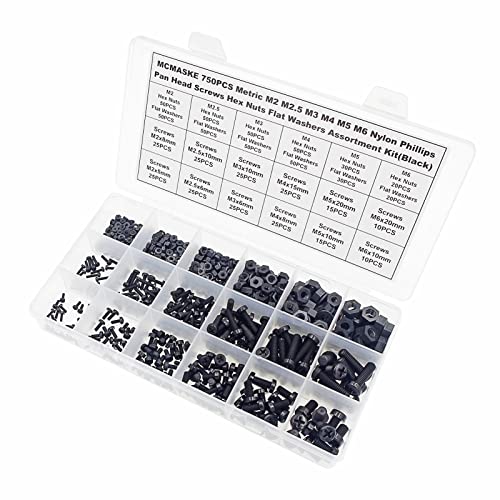 750PCS Metric M2 M2.5 M3 M4 M5 M6 Nylon Phillips Pan Head Screws Hex Nuts Flat Washers Assortment Kit(Black) - size: M2, M2.5, M3, M4, M5, M6