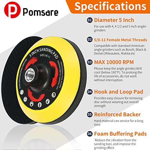 Pomsare 5 Inch Upgraded Hook and Loop Backing Pad with 80PCS Sanding Discs, Angle Grinder Attachments with 5/8-11, Drill Sanding Pad for Wood Polishing(40/60/80/120/180/240/320/600 Grit) - style: Reinforced 5 Inch 83 PCS