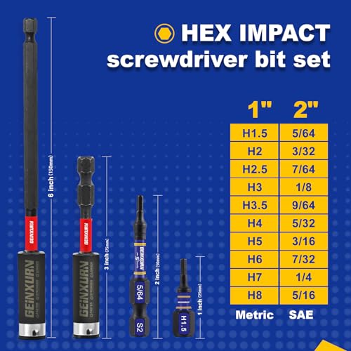 GEINXURN 22 Pieces Multi Hex Head Impact Tough Magnetic Allen Wrench Drill Bits Set, 1 in./2 in. Mixed Hex Head (Metric&SAE) S2 Steel Power Bits Set with Bit Extension Holder - size: MS-22