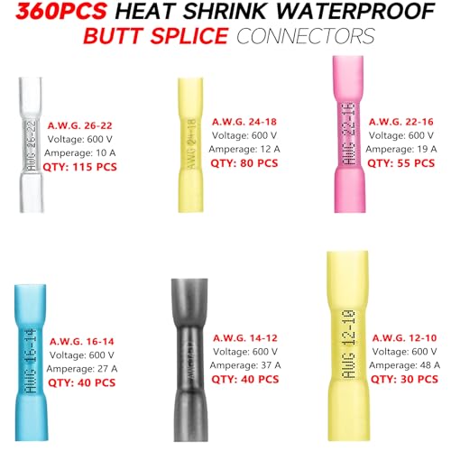 BAALA 360 PCS Heat Shrink Butt Connectors Kit, 26-10 Gauge Tinned Copper Butt Terminals Wire Connectors, Marine Grade Waterproof Electrical Crimp Butt Splice Connectors