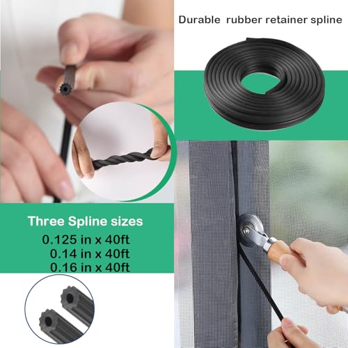 Window Screen Spline, (.125" x 40ft +.14" x 40ft +.16" x 40ft) 3 Sizes in 1 Kit - Screen Retainer Spline for Window Screen Replacement, Black, Tooltriz - size: .125" x 40ft +.14" x 40ft +.16" x 40ft