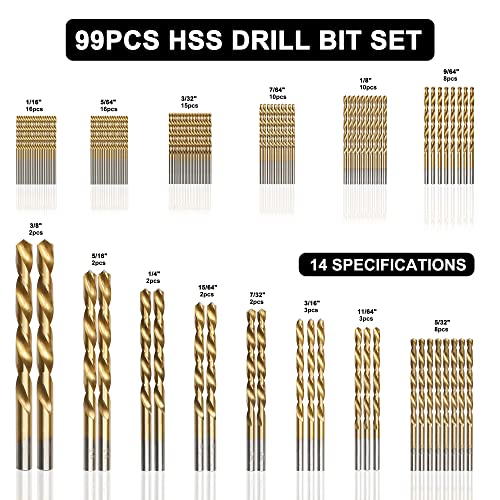 GMTOOLS 99 Pcs Drill Bit Set, 135° Tip Titanium Coated High Speed Steel, Twist Drill Bit Kit for Iron, Aluminum Alloy, Copper, Wood, Plastic, with Hard Storage 1/16"-3/8" - style: 99PCS